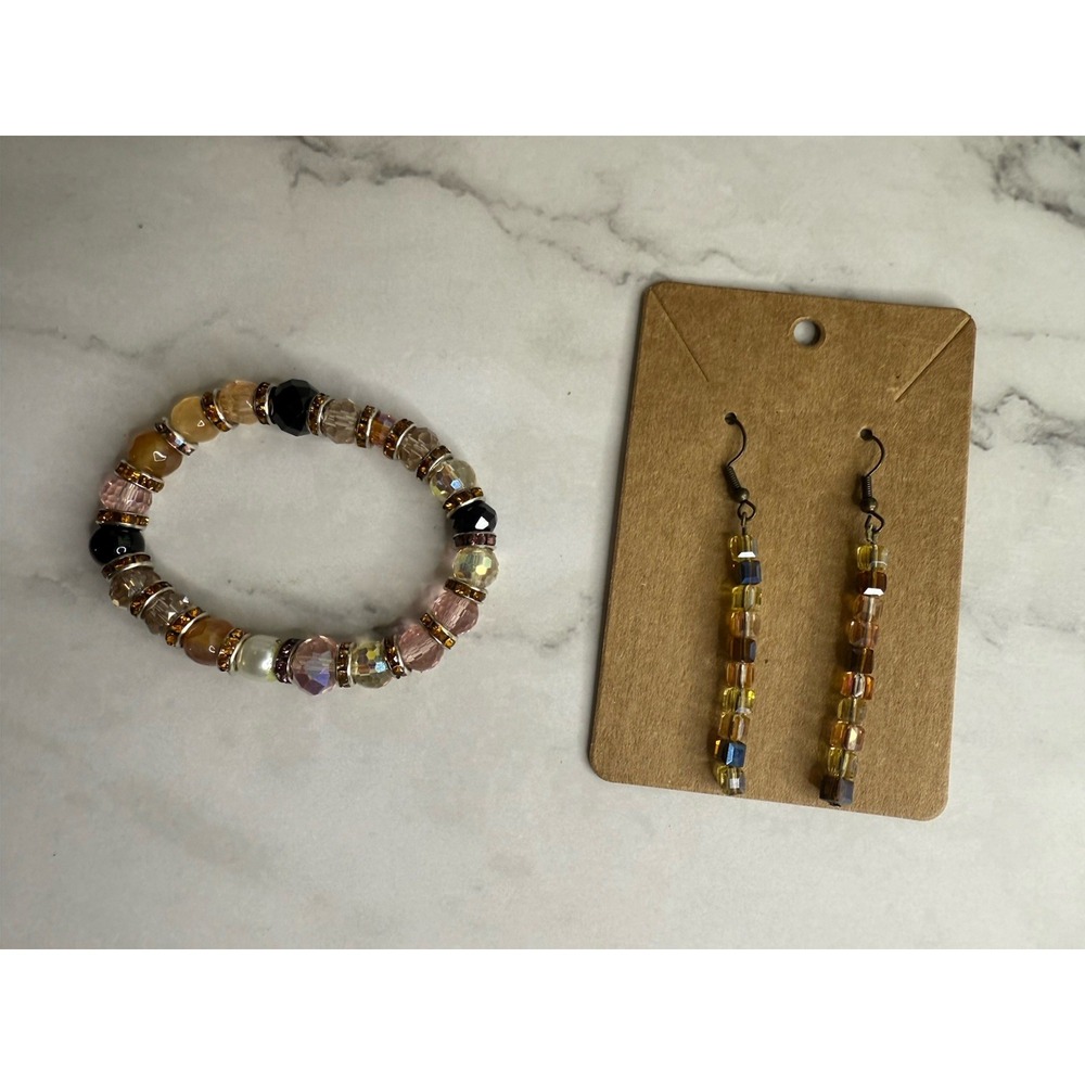 handmade beaded dangle earrings and bracelet set iridescent beads and gold tone